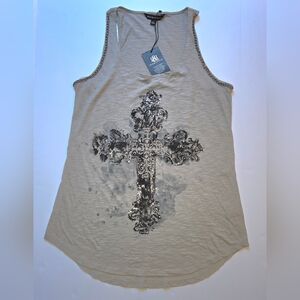Rock & Republic Light Gray Tank with Metallic Cross Graphic